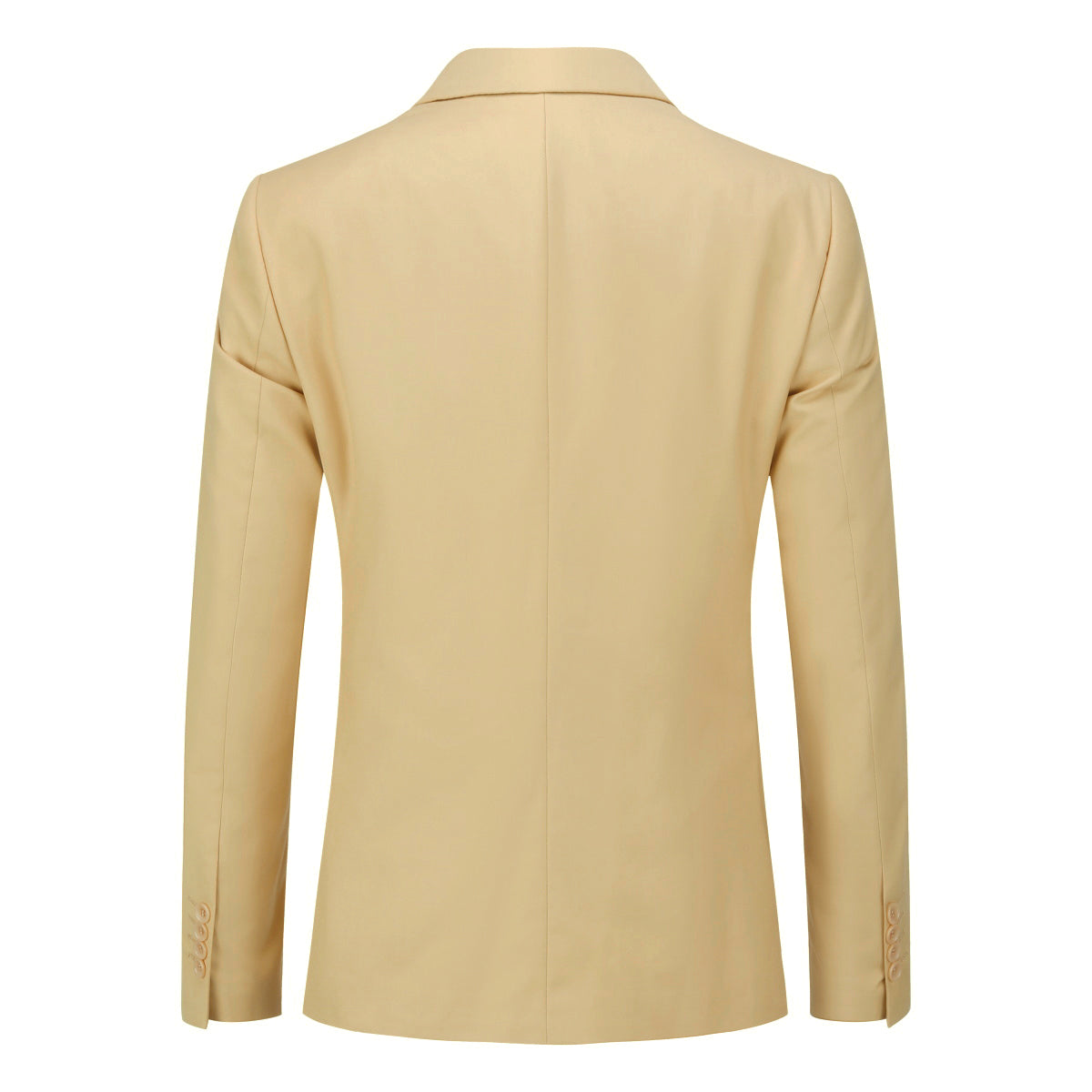 Pastel Yellow # Men's slim fit 2-piece suit with peaked lapel and simple elegant design, pastel yellow formal blazer jacket with four-button cuffs and matching flat-front trousers with extended waist strap for business, office, wedding and daily wear, isolated on white background.