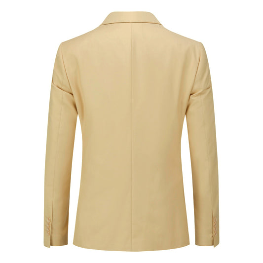 Pastel Yellow # Men's slim fit 2-piece suit with peaked lapel and simple elegant design, pastel yellow formal blazer jacket with four-button cuffs and matching flat-front trousers with extended waist strap for business, office, wedding and daily wear, isolated on white background.