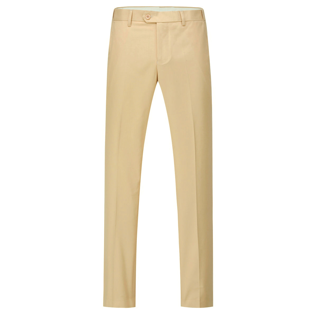 Pastel Yellow # Men's slim fit 2-piece suit with peaked lapel and simple elegant design, pastel yellow formal blazer jacket with four-button cuffs and matching flat-front trousers with extended waist strap for business, office, wedding and daily wear, isolated on white background.