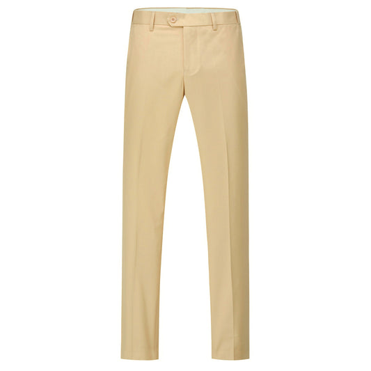 Pastel Yellow # Men's slim fit 2-piece suit with peaked lapel and simple elegant design, pastel yellow formal blazer jacket with four-button cuffs and matching flat-front trousers with extended waist strap for business, office, wedding and daily wear, isolated on white background.