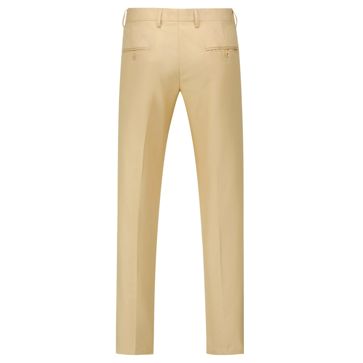 Pastel Yellow # Men's slim fit 2-piece suit with peaked lapel and simple elegant design, pastel yellow formal blazer jacket with four-button cuffs and matching flat-front trousers with extended waist strap for business, office, wedding and daily wear, isolated on white background.