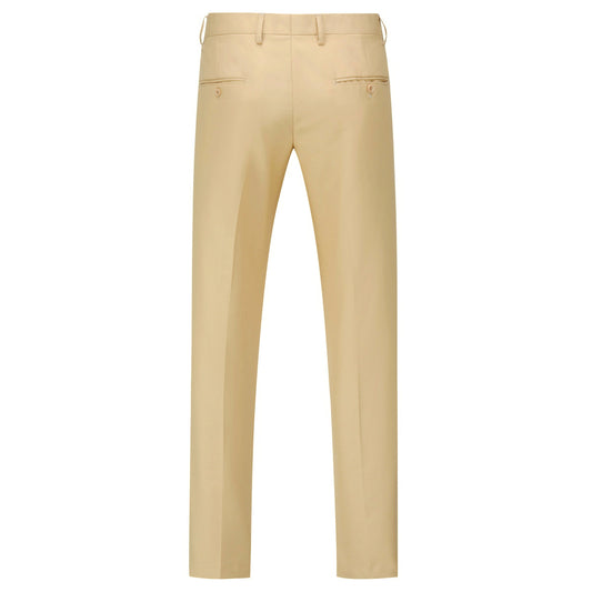 Pastel Yellow # Men's slim fit 2-piece suit with peaked lapel and simple elegant design, pastel yellow formal blazer jacket with four-button cuffs and matching flat-front trousers with extended waist strap for business, office, wedding and daily wear, isolated on white background.