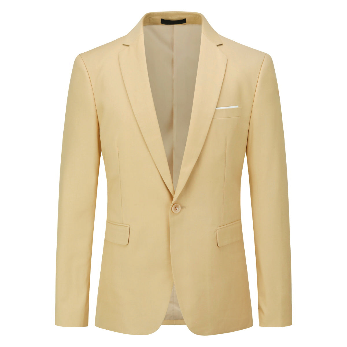 Pastel Yellow # Men's slim fit 2-piece suit with peaked lapel and simple elegant design, pastel yellow formal blazer jacket with four-button cuffs and matching flat-front trousers with extended waist strap for business, office, wedding and daily wear, isolated on white background.