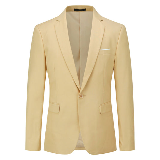 Pastel Yellow # Men's slim fit 2-piece suit with peaked lapel and simple elegant design, pastel yellow formal blazer jacket with four-button cuffs and matching flat-front trousers with extended waist strap for business, office, wedding and daily wear, isolated on white background.