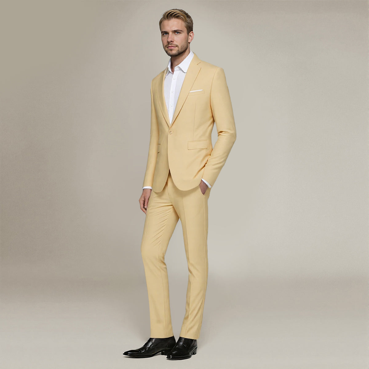 Pastel Yellow # Men's slim fit 2-piece suit with peaked lapel and simple elegant design, pastel yellow formal blazer jacket with four-button cuffs and matching flat-front trousers with extended waist strap for business, office, wedding and daily wear, isolated on white background.
