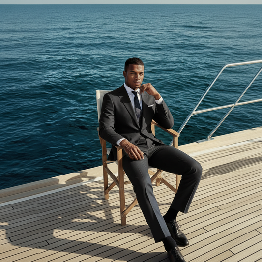 Black # Men's slim fit 2-piece suit with peaked lapel and simple elegant design, black formal blazer jacket with four-button cuffs and matching flat-front trousers with extended waist strap for business, office, wedding and daily wear, isolated on white background.