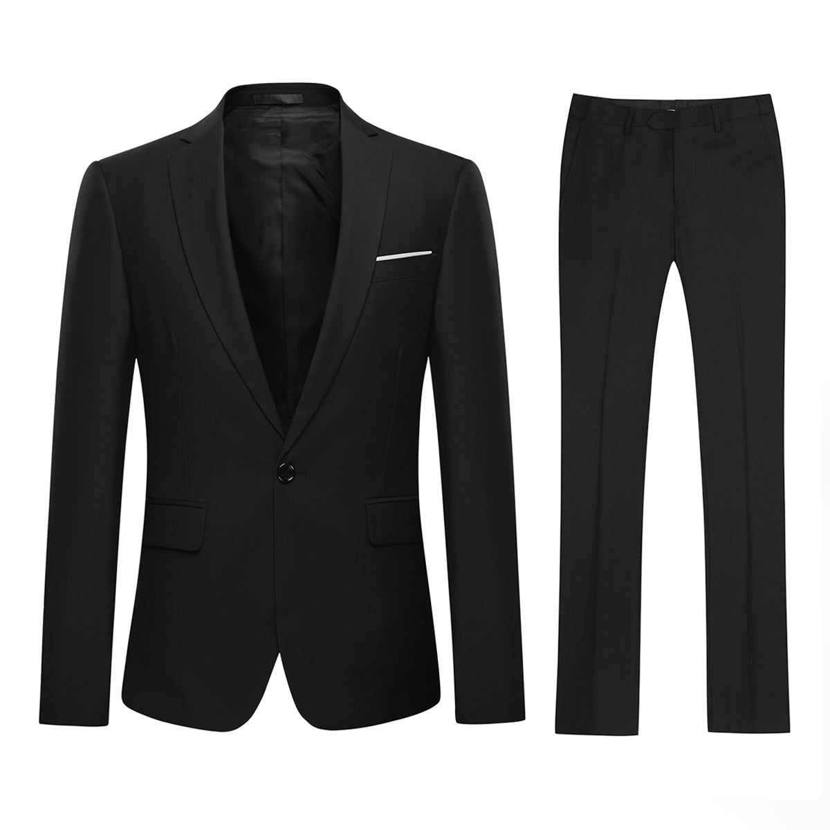 Black # Men's slim fit 2-piece suit with peaked lapel and simple elegant design, black formal blazer jacket with four-button cuffs and matching flat-front trousers with extended waist strap for business, office, wedding and daily wear, isolated on white background.