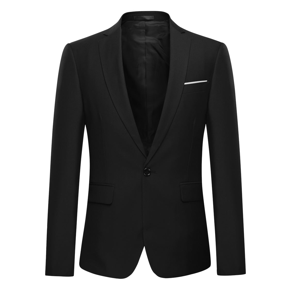 Black # Men's slim fit 2-piece suit with peaked lapel and simple elegant design, black formal blazer jacket with four-button cuffs and matching flat-front trousers with extended waist strap for business, office, wedding and daily wear, isolated on white background.