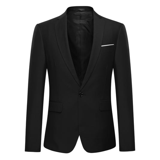 Black # Men's slim fit 2-piece suit with peaked lapel and simple elegant design, black formal blazer jacket with four-button cuffs and matching flat-front trousers with extended waist strap for business, office, wedding and daily wear, isolated on white background.
