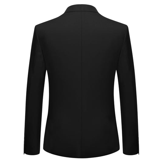 Black # Men's slim fit 2-piece suit with peaked lapel and simple elegant design, black formal blazer jacket with four-button cuffs and matching flat-front trousers with extended waist strap for business, office, wedding and daily wear, isolated on white background.