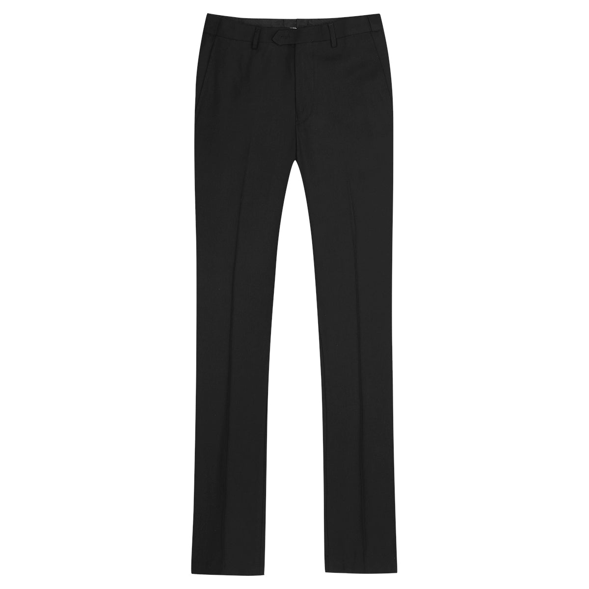 Black # Men's slim fit 2-piece suit with peaked lapel and simple elegant design, black formal blazer jacket with four-button cuffs and matching flat-front trousers with extended waist strap for business, office, wedding and daily wear, isolated on white background.
