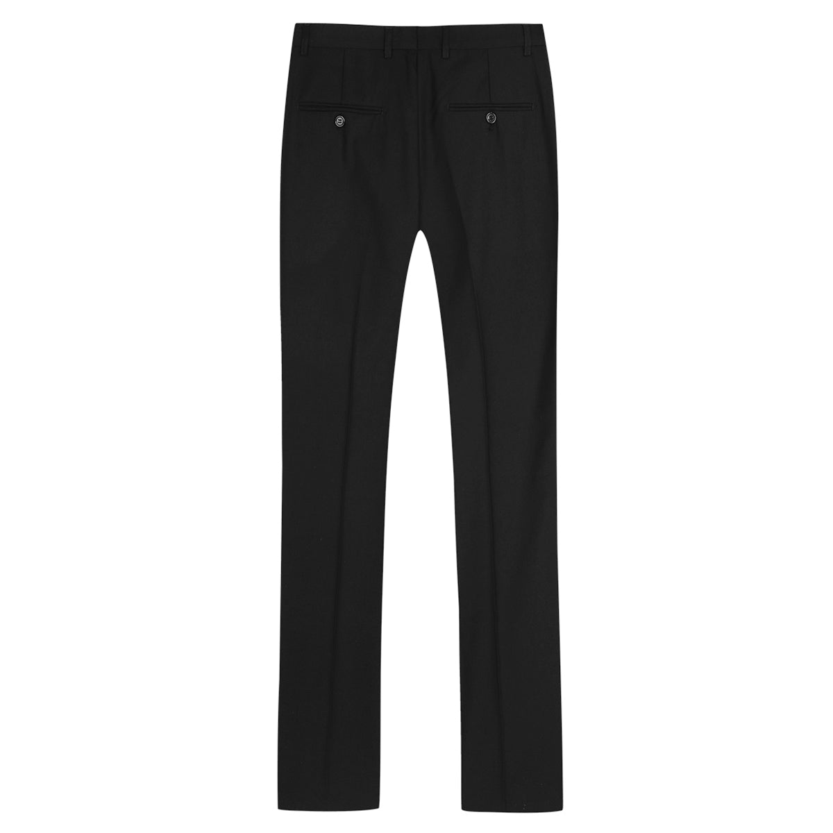 Black # Men's slim fit 2-piece suit with peaked lapel and simple elegant design, black formal blazer jacket with four-button cuffs and matching flat-front trousers with extended waist strap for business, office, wedding and daily wear, isolated on white background.