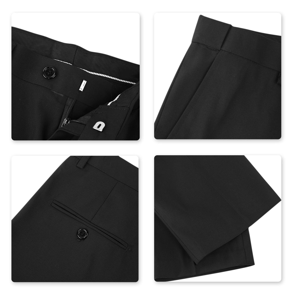 Black # Men's slim fit 2-piece suit with peaked lapel and simple elegant design, black formal blazer jacket with four-button cuffs and matching flat-front trousers with extended waist strap for business, office, wedding and daily wear, isolated on white background.