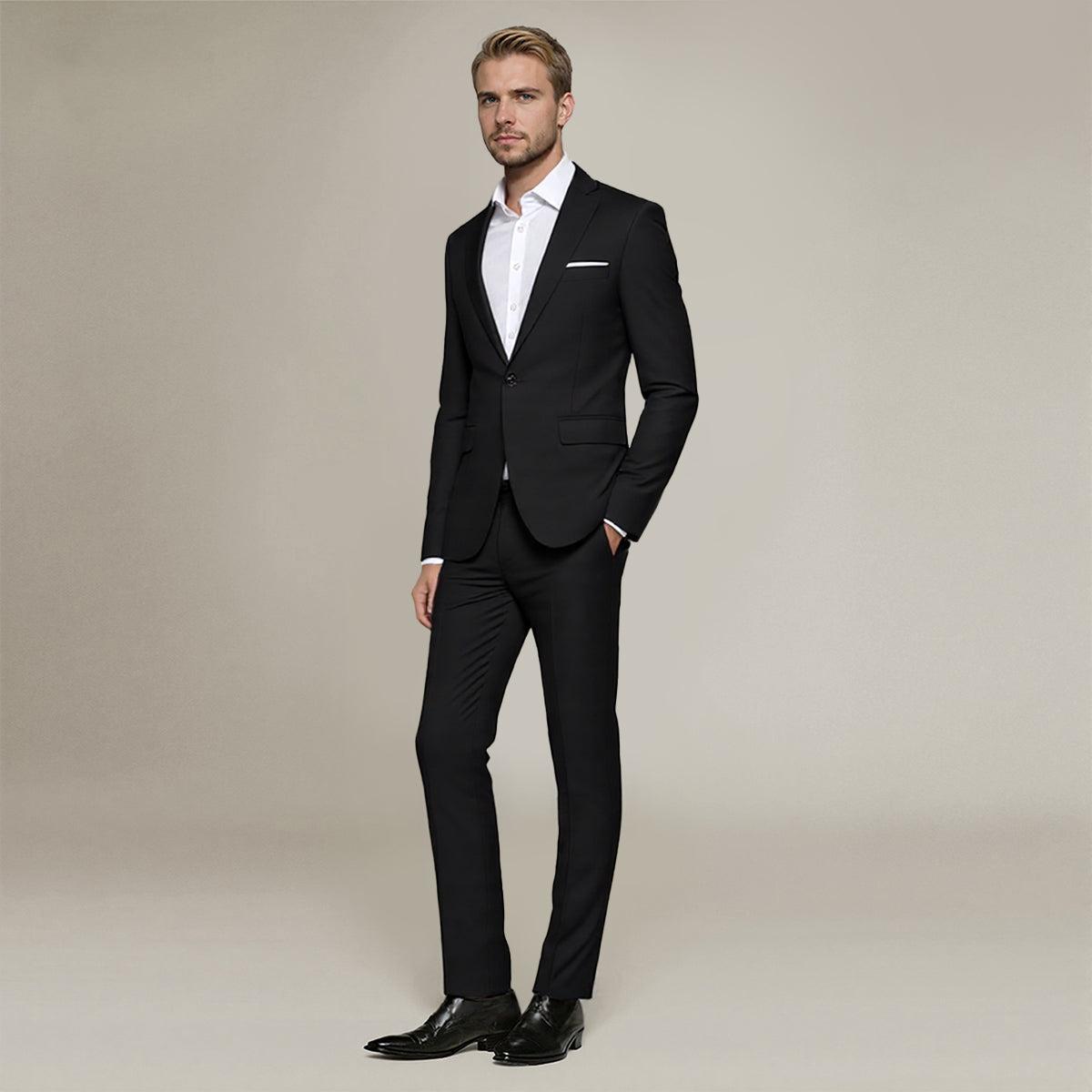 Black # Men's slim fit 2-piece suit with peaked lapel and simple elegant design, black formal blazer jacket with four-button cuffs and matching flat-front trousers with extended waist strap for business, office, wedding and daily wear, isolated on white background.