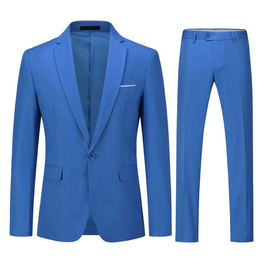 Blue # Men's slim fit 2-piece suit with peaked lapel and simple elegant design, blue formal blazer jacket with four-button cuffs and matching flat-front trousers with extended waist strap for business, office, wedding and daily wear, isolated on white background.