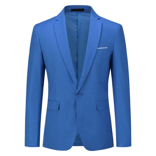 Blue # Men's slim fit 2-piece suit with peaked lapel and simple elegant design, blue formal blazer jacket with four-button cuffs and matching flat-front trousers with extended waist strap for business, office, wedding and daily wear, isolated on white background.