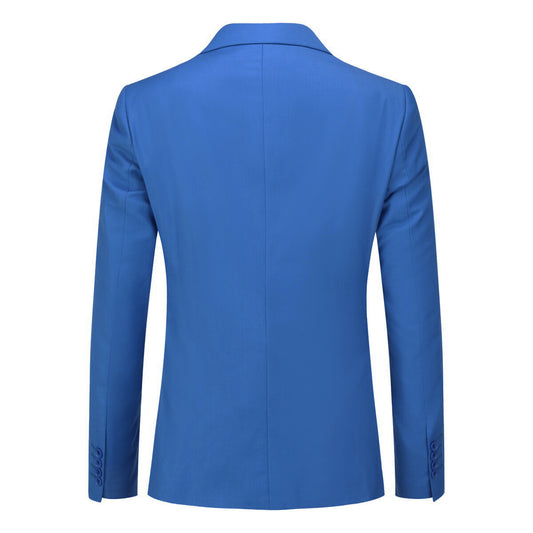 Blue # Men's slim fit 2-piece suit with peaked lapel and simple elegant design, blue formal blazer jacket with four-button cuffs and matching flat-front trousers with extended waist strap for business, office, wedding and daily wear, isolated on white background.