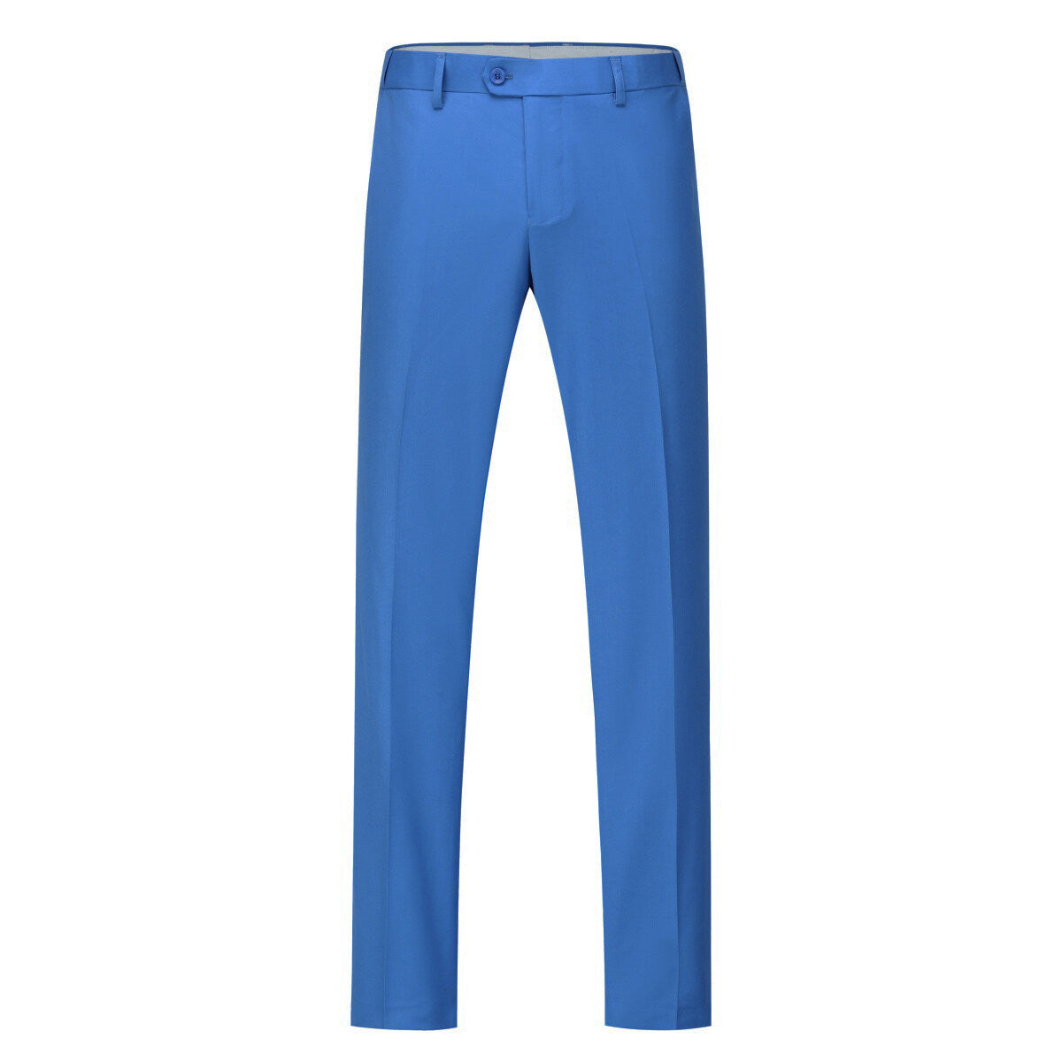 Blue # Men's slim fit 2-piece suit with peaked lapel and simple elegant design, blue formal blazer jacket with four-button cuffs and matching flat-front trousers with extended waist strap for business, office, wedding and daily wear, isolated on white background.