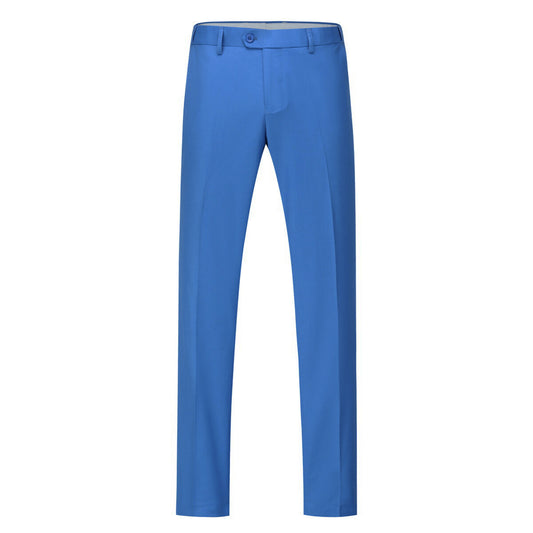 Blue # Men's slim fit 2-piece suit with peaked lapel and simple elegant design, blue formal blazer jacket with four-button cuffs and matching flat-front trousers with extended waist strap for business, office, wedding and daily wear, isolated on white background.