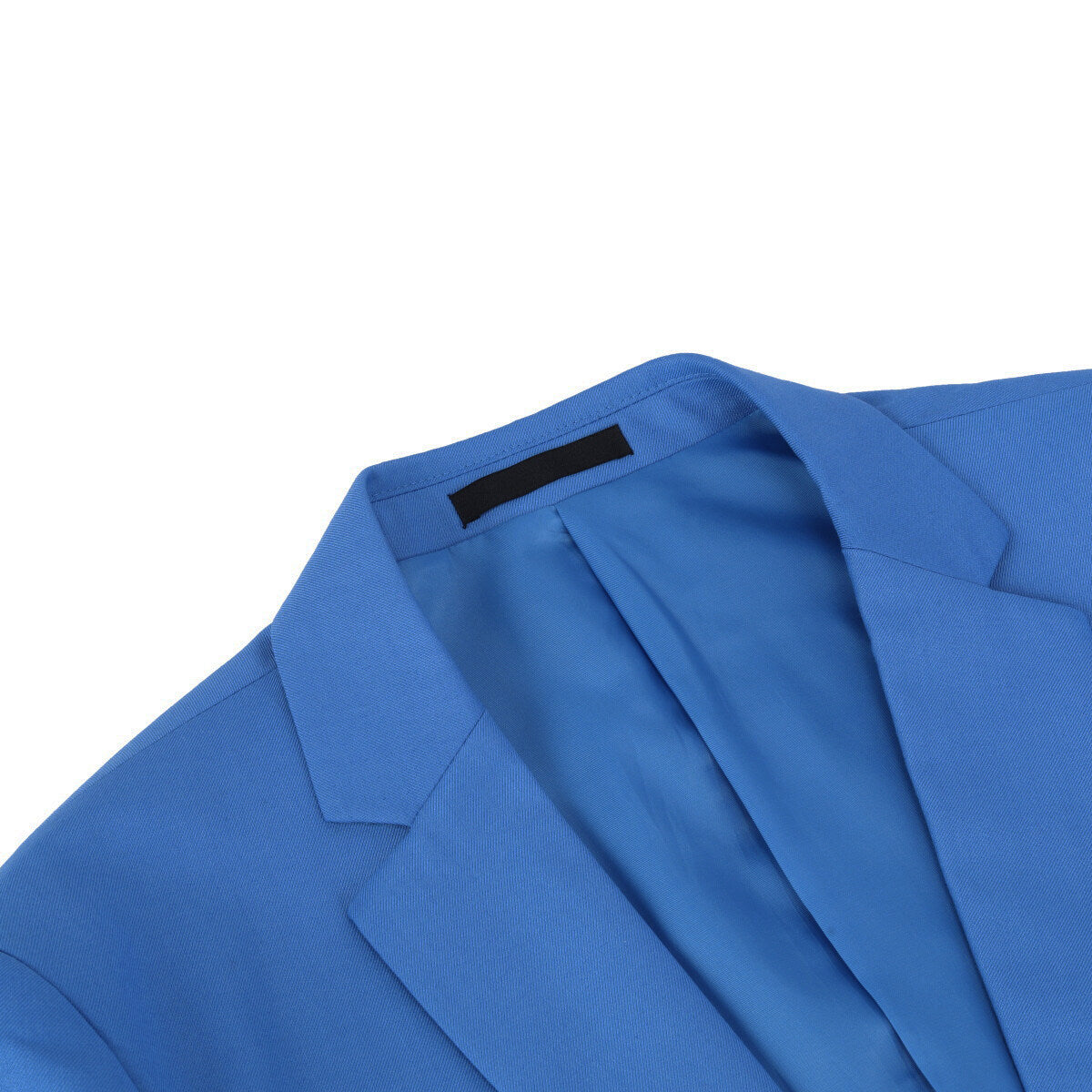 Blue # Men's slim fit 2-piece suit with peaked lapel and simple elegant design, blue formal blazer jacket with four-button cuffs and matching flat-front trousers with extended waist strap for business, office, wedding and daily wear, isolated on white background.