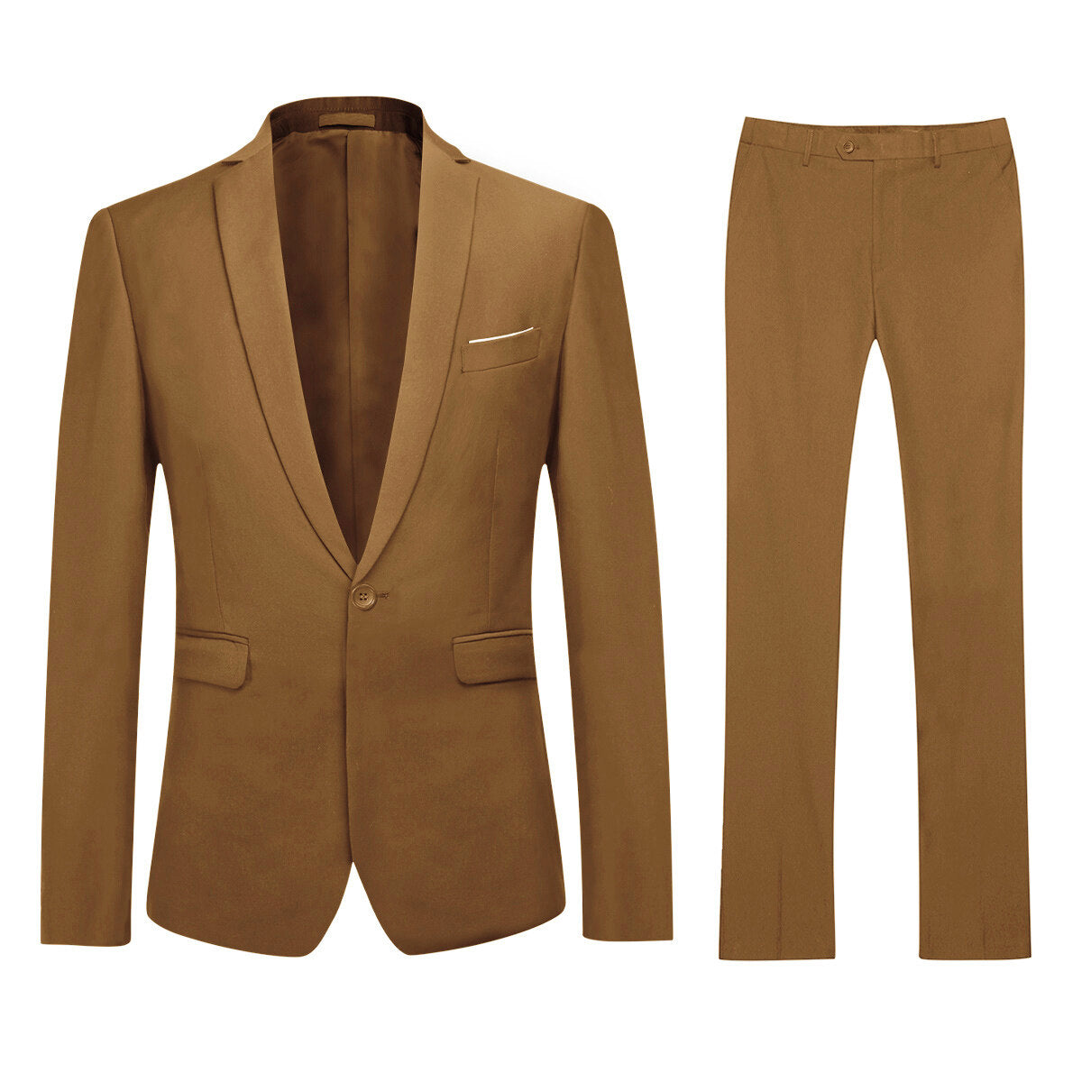 Coffee # Men's slim fit 2-piece simple designed suit with peaked lapel and button closure, coffee formal blazer jacket with four-button cuffs and matching flat-front trousers with extended waist strap, elegant polyester viscose blend suit for business, office, wedding and daily wear, isolated on white background.