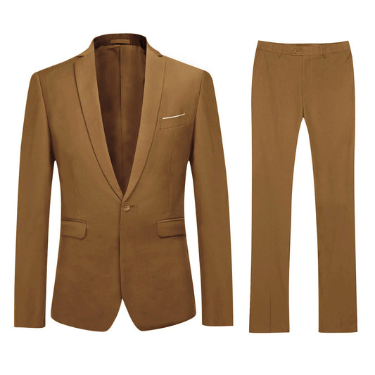 Coffee # Men's slim fit 2-piece simple designed suit with peaked lapel and button closure, coffee formal blazer jacket with four-button cuffs and matching flat-front trousers with extended waist strap, elegant polyester viscose blend suit for business, office, wedding and daily wear, isolated on white background.