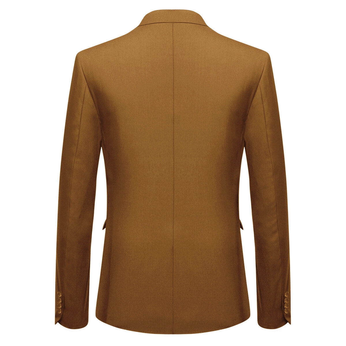 Coffee # Men's slim fit 2-piece simple designed suit with peaked lapel and button closure, coffee formal blazer jacket with four-button cuffs and matching flat-front trousers with extended waist strap, elegant polyester viscose blend suit for business, office, wedding and daily wear, isolated on white background.