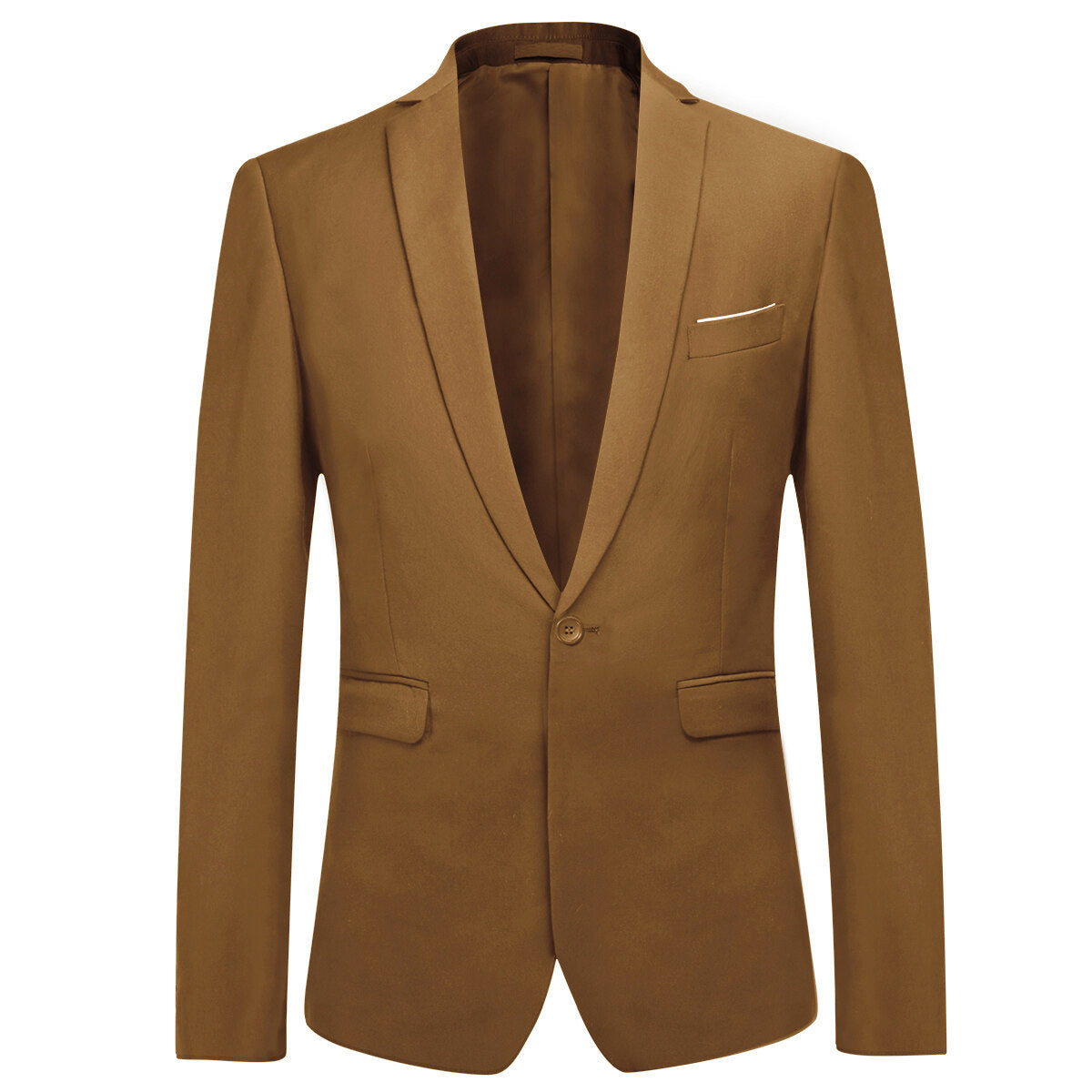 Coffee # Men's slim fit 2-piece simple designed suit with peaked lapel and button closure, coffee formal blazer jacket with four-button cuffs and matching flat-front trousers with extended waist strap, elegant polyester viscose blend suit for business, office, wedding and daily wear, isolated on white background.