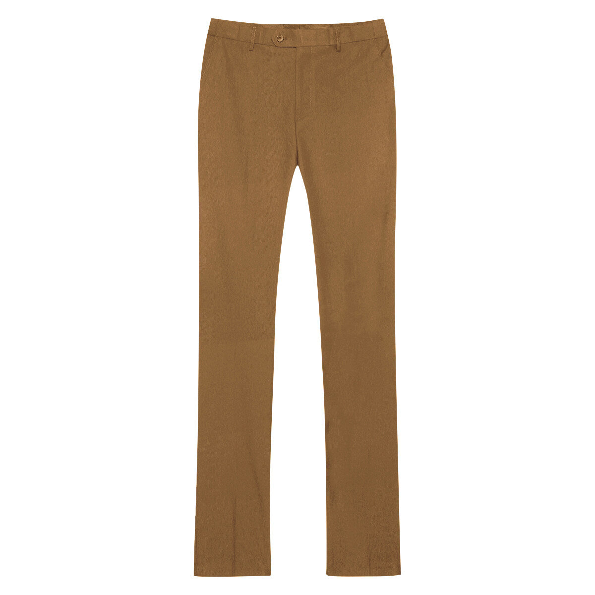 Coffee # Men's slim fit 2-piece simple designed suit with peaked lapel and button closure, coffee formal blazer jacket with four-button cuffs and matching flat-front trousers with extended waist strap, elegant polyester viscose blend suit for business, office, wedding and daily wear, isolated on white background.
