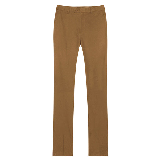 Coffee # Men's slim fit 2-piece simple designed suit with peaked lapel and button closure, coffee formal blazer jacket with four-button cuffs and matching flat-front trousers with extended waist strap, elegant polyester viscose blend suit for business, office, wedding and daily wear, isolated on white background.