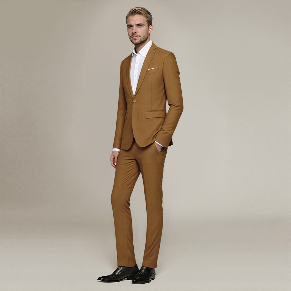 Coffee # Men's slim fit 2-piece simple designed suit with peaked lapel and button closure, coffee formal blazer jacket with four-button cuffs and matching flat-front trousers with extended waist strap, elegant polyester viscose blend suit for business, office, wedding and daily wear, isolated on white background.