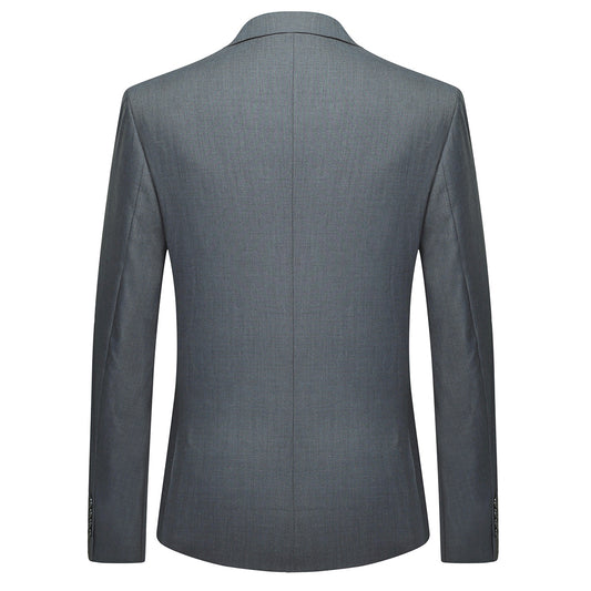 Grey # Men's slim fit 2-piece suit with peaked lapel and simple elegant design, grey formal blazer jacket with four-button cuffs and matching flat-front trousers with extended waist strap for business, office, wedding and daily wear, isolated on white background.