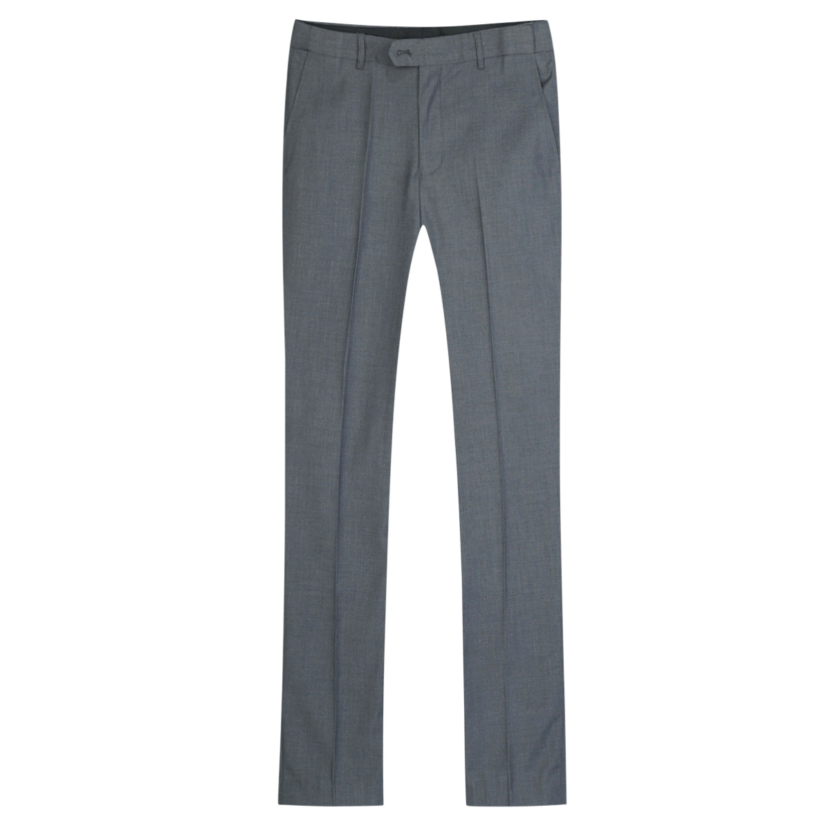 Grey # Men's slim fit 2-piece suit with peaked lapel and simple elegant design, grey formal blazer jacket with four-button cuffs and matching flat-front trousers with extended waist strap for business, office, wedding and daily wear, isolated on white background.