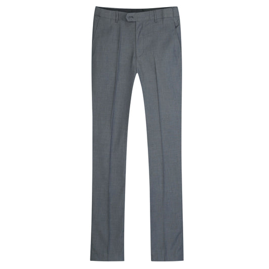 Grey # Men's slim fit 2-piece suit with peaked lapel and simple elegant design, grey formal blazer jacket with four-button cuffs and matching flat-front trousers with extended waist strap for business, office, wedding and daily wear, isolated on white background.