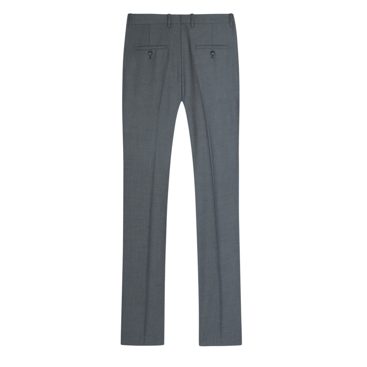 Grey # Men's slim fit 2-piece suit with peaked lapel and simple elegant design, grey formal blazer jacket with four-button cuffs and matching flat-front trousers with extended waist strap for business, office, wedding and daily wear, isolated on white background.