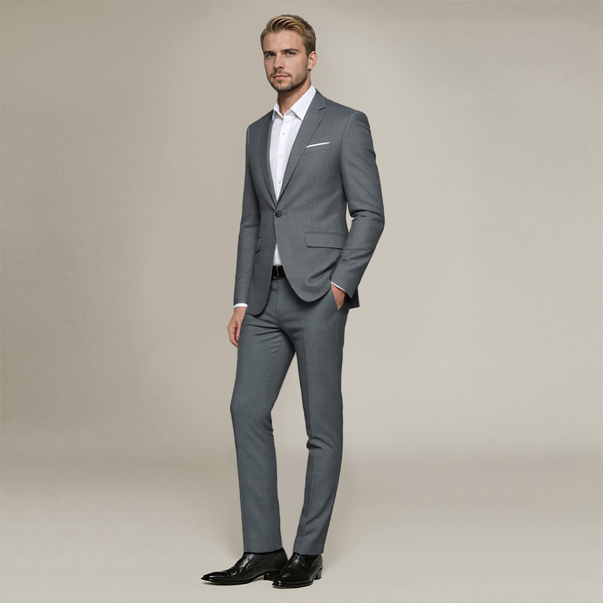 Grey # Men's slim fit 2-piece suit with peaked lapel and simple elegant design, grey formal blazer jacket with four-button cuffs and matching flat-front trousers with extended waist strap for business, office, wedding and daily wear, isolated on white background.