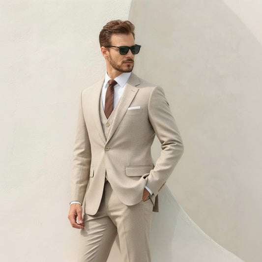 Light Beige # Men's slim fit 2-piece simple designed suit with peaked lapel and button closure, light beige formal blazer jacket with matching flat-front trousers, elegant classic suit for business, office, wedding, prom and daily wear, isolated on white background.