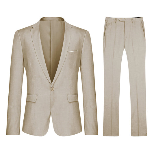 Light Beige # Men's slim fit 2-piece simple designed suit with peaked lapel and button closure, light beige formal blazer jacket with matching flat-front trousers, elegant classic suit for business, office, wedding, prom and daily wear, isolated on white background.