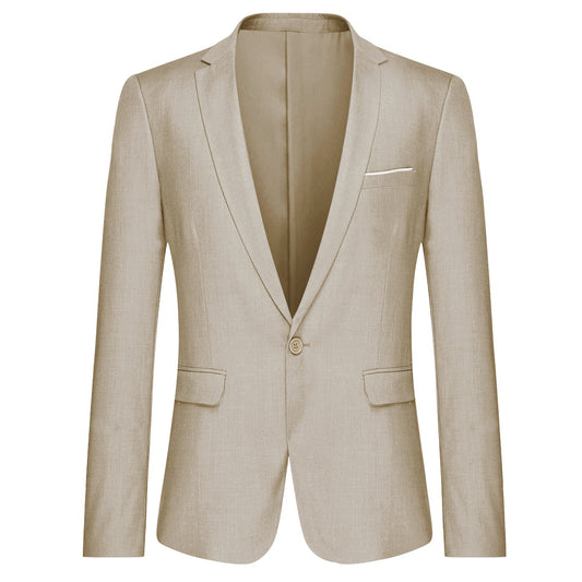 Light Beige # Men's slim fit 2-piece simple designed suit with peaked lapel and button closure, light beige formal blazer jacket with matching flat-front trousers, elegant classic suit for business, office, wedding, prom and daily wear, isolated on white background.