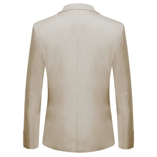 Light Beige # Men's slim fit 2-piece simple designed suit with peaked lapel and button closure, light beige formal blazer jacket with matching flat-front trousers, elegant classic suit for business, office, wedding, prom and daily wear, isolated on white background.