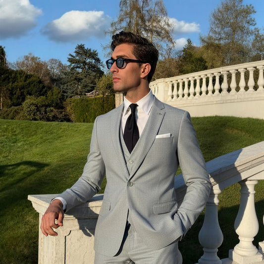 Light Grey # Men's slim fit 2-piece suit with peaked lapel and simple elegant design, light grey formal blazer jacket with four-button cuffs and matching flat-front trousers with extended waist strap for business, office, wedding and daily wear, isolated on white background.