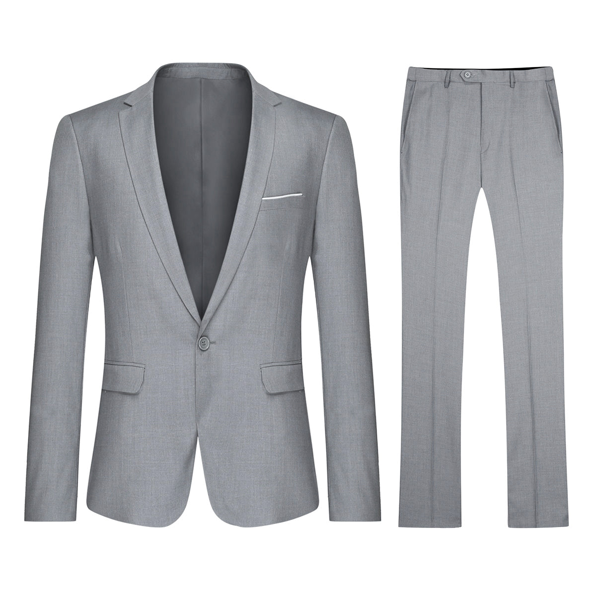Light Grey # Men's slim fit 2-piece suit with peaked lapel and simple elegant design, light grey formal blazer jacket with four-button cuffs and matching flat-front trousers with extended waist strap for business, office, wedding and daily wear, isolated on white background.
