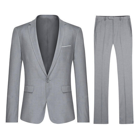 Light Grey # Men's slim fit 2-piece suit with peaked lapel and simple elegant design, light grey formal blazer jacket with four-button cuffs and matching flat-front trousers with extended waist strap for business, office, wedding and daily wear, isolated on white background.