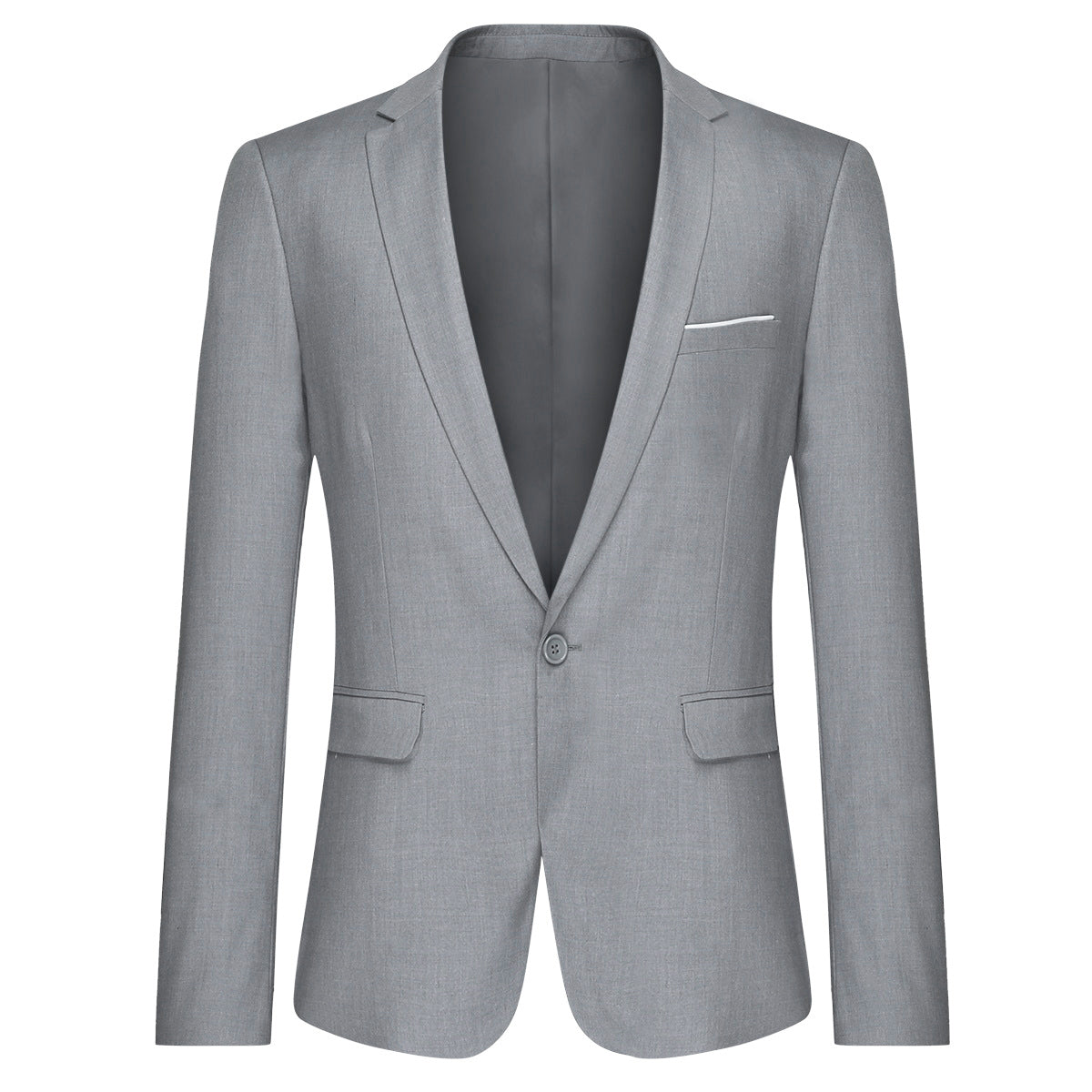 Light Grey # Men's slim fit 2-piece suit with peaked lapel and simple elegant design, light grey formal blazer jacket with four-button cuffs and matching flat-front trousers with extended waist strap for business, office, wedding and daily wear, isolated on white background.