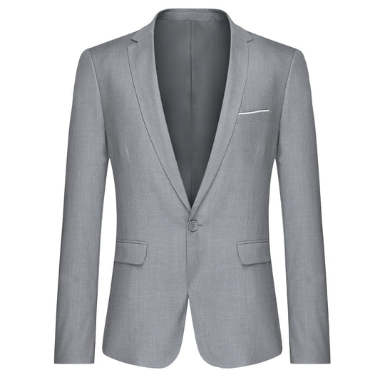 Light Grey # Men's slim fit 2-piece suit with peaked lapel and simple elegant design, light grey formal blazer jacket with four-button cuffs and matching flat-front trousers with extended waist strap for business, office, wedding and daily wear, isolated on white background.