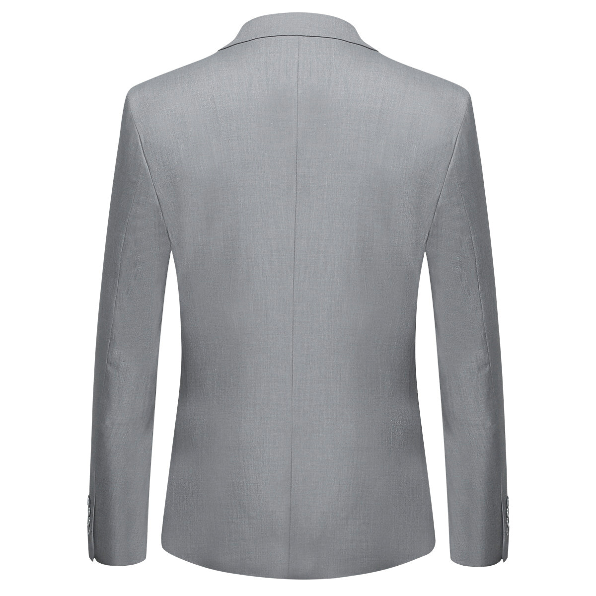 Light Grey # Men's slim fit 2-piece suit with peaked lapel and simple elegant design, light grey formal blazer jacket with four-button cuffs and matching flat-front trousers with extended waist strap for business, office, wedding and daily wear, isolated on white background.