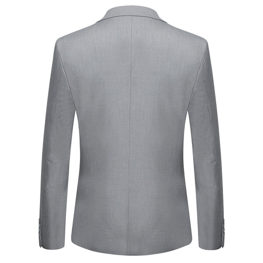 Light Grey # Men's slim fit 2-piece suit with peaked lapel and simple elegant design, light grey formal blazer jacket with four-button cuffs and matching flat-front trousers with extended waist strap for business, office, wedding and daily wear, isolated on white background.