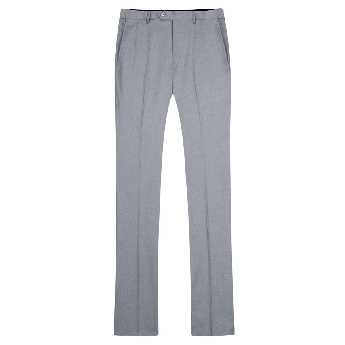 Light Grey # Men's slim fit 2-piece suit with peaked lapel and simple elegant design, light grey formal blazer jacket with four-button cuffs and matching flat-front trousers with extended waist strap for business, office, wedding and daily wear, isolated on white background.