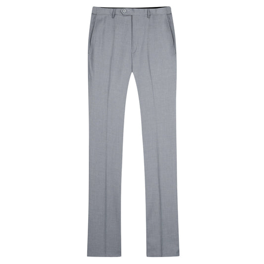 Light Grey # Men's slim fit 2-piece suit with peaked lapel and simple elegant design, light grey formal blazer jacket with four-button cuffs and matching flat-front trousers with extended waist strap for business, office, wedding and daily wear, isolated on white background.