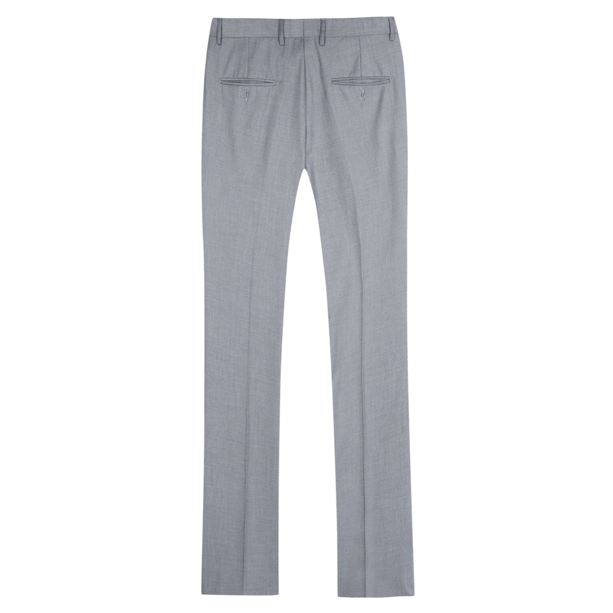 Light Grey # Men's slim fit 2-piece suit with peaked lapel and simple elegant design, light grey formal blazer jacket with four-button cuffs and matching flat-front trousers with extended waist strap for business, office, wedding and daily wear, isolated on white background.